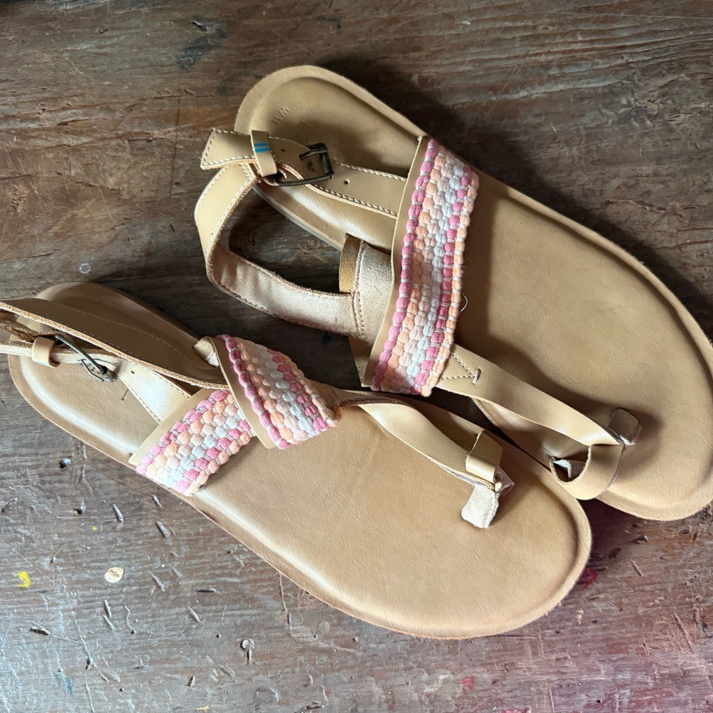 Toms Tan Sandals with Pink Braided Strap